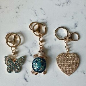Keychain/Bag Charm Bling Bundle. 3x Pieces. Turtle, Butterfly, Heart. Never Used